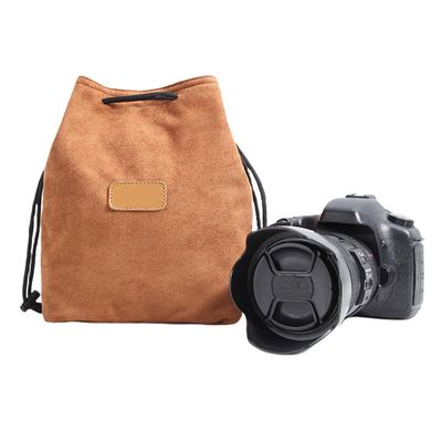 SXLINGDO Camera Lens Bag Small Padded Protective Pouch Cover Shockproof Case, Soft Camera Bag DSLR Insert Handbag Drawstring (Khaki B,16 * 10 * 20cm)