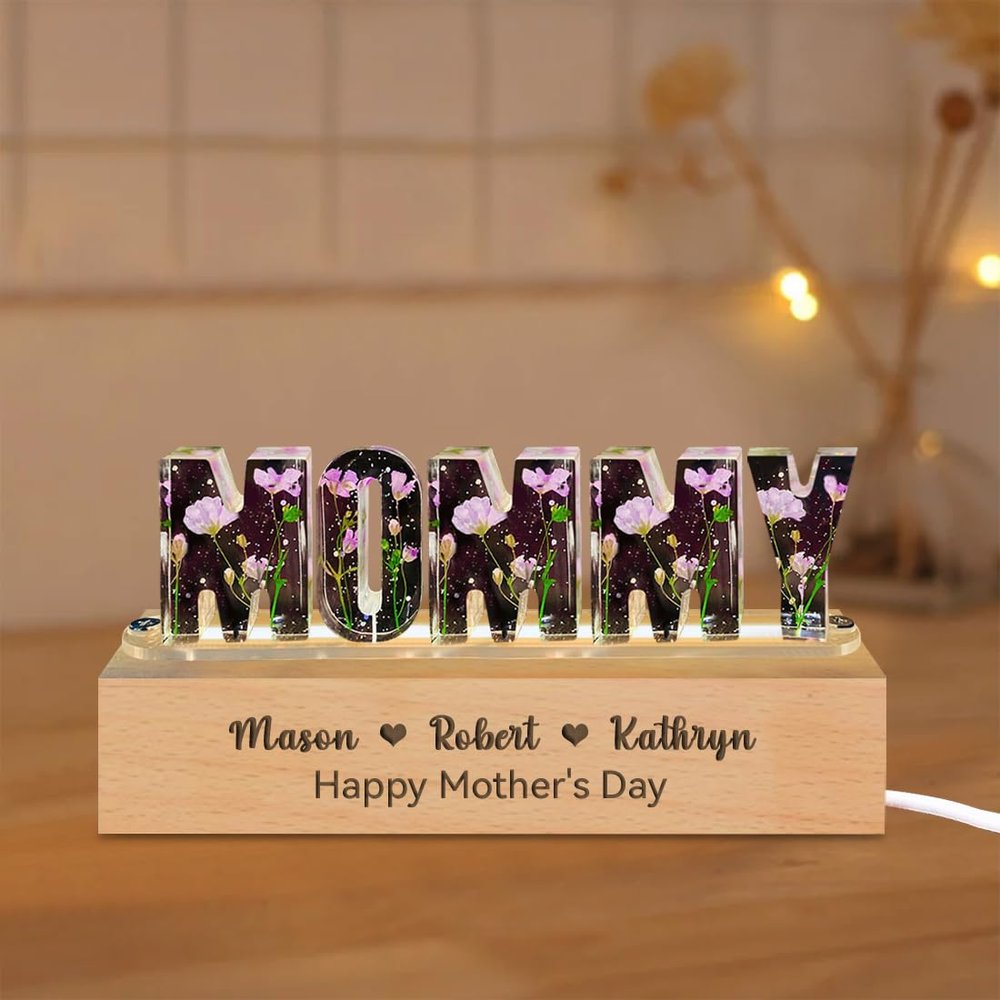 Certykllp Personalized Dry Flower Mom Night Light with Name Custom Pressed Dried Flowers Lamp Resin Art Letter Led Lights Mom Flower Lamp Customized Gift for Mom Grandma Wife (Resin Dry Flower-5)
