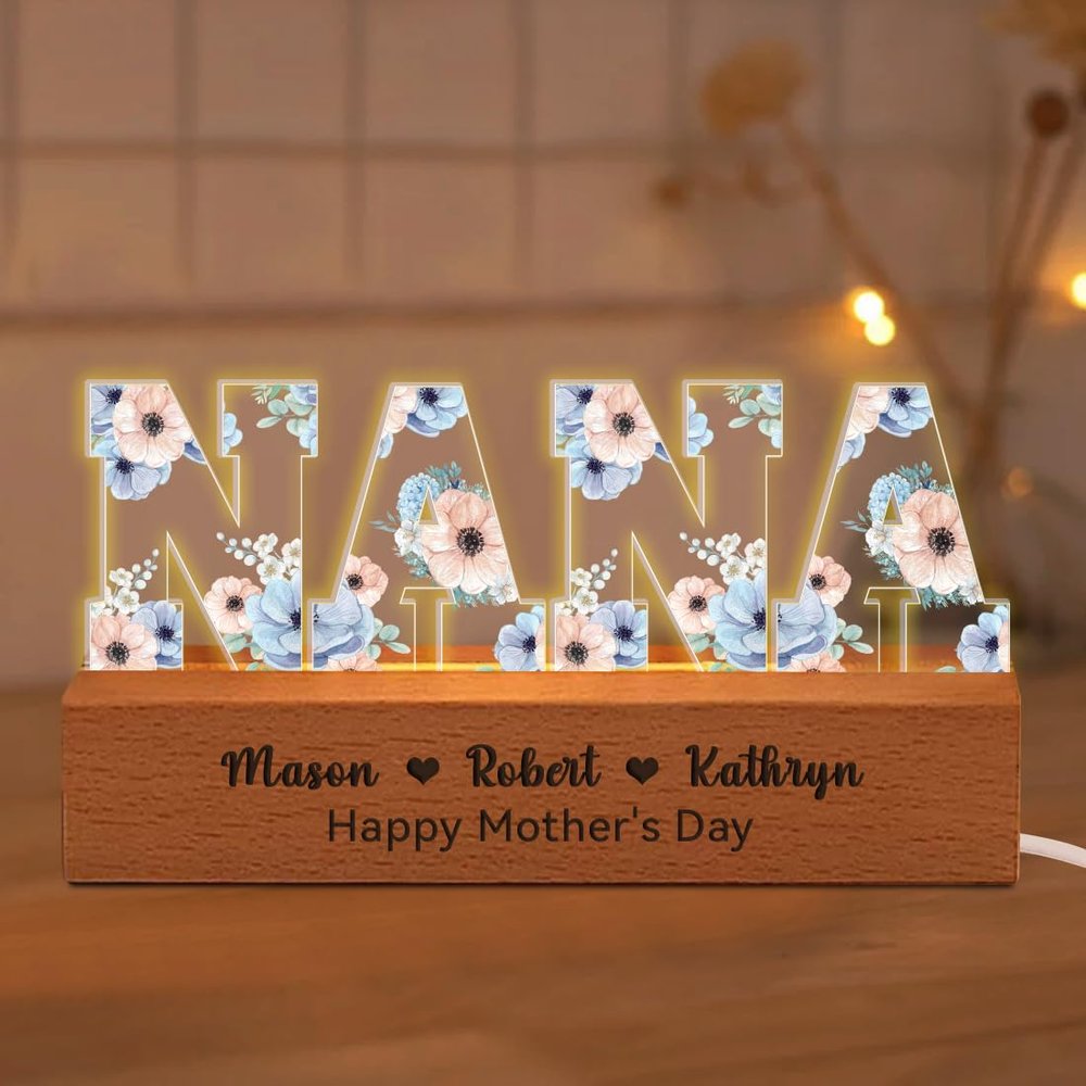 Personalized MOM Prints Flower Acrylic LED Night Light, Custom Kid's Names MOM Lamp, Mommy Gift, Mothers Day Christmas Birthday Gifts for Mom Grandma Wife
