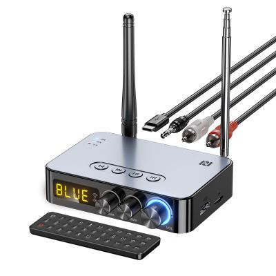 MOREGAX Bluetooth Audio Receiver Transmitter 4-in-1 (with Remote) for Home Stereo TV, HiFi Wireless Audio Adapter with 3.5mm AUX,RCA,6.5mm Mic Connection, FM Radio, Low Latency NFC Audio Adapter