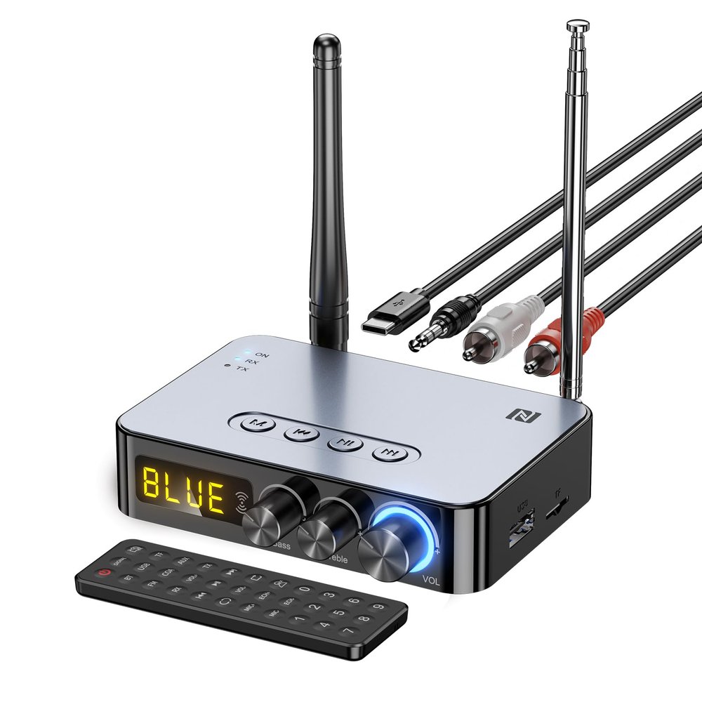 MOREGAX Bluetooth Audio Receiver Transmitter 4-in-1 (with Remote) for Home Stereo TV, HiFi Wireless Audio Adapter with 3.5mm AUX,RCA,6.5mm Mic Connection, FM Radio, Low Latency NFC Audio Adapter
