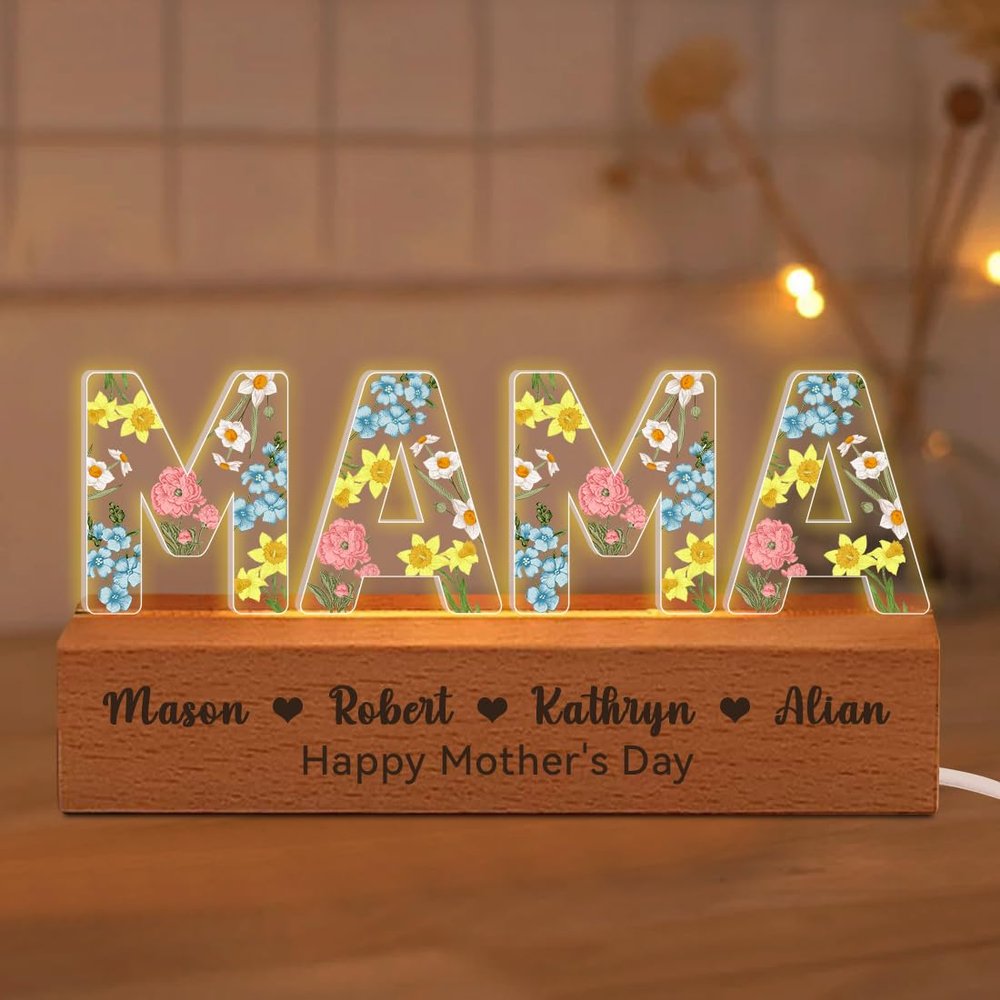 Personalized Birth Month Flower Acrylic MOM Night Light Custom Birth Month Flower Lamp for Mothers Day, Mommy Gift, Mothers Day Christmas Birthday Gifts for Mom, Mothers Day Decor