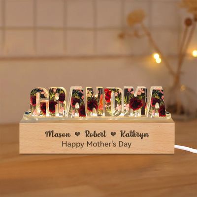 Certykllp Personalized Dry Flower Mom Night Light with Name Custom Pressed Dried Flowers Lamp Resin Art Letter Led Lights Mom Flower Lamp Customized Gift for Mom Grandma Wife (Resin Dry Flower-6)