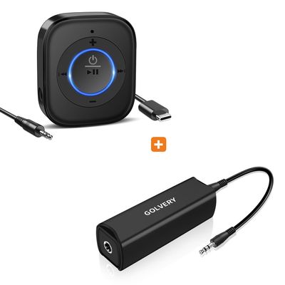 Bluetooth 5.3 Receiver with Buit-in Mic, Ground Loop Noise Isolator for Car/Home/PC Stereo System with 3.5mm or RCA AUX Jack