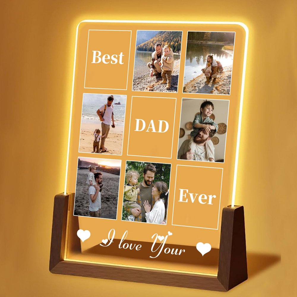 DirectNine Basics Personalized Father's Day for love Gifts,Customized Acrylic Plaque Printed with Photos Custom Walnut Picture Frame LED Light, Christmas Birthday Romantic Gifts-03, Style-03