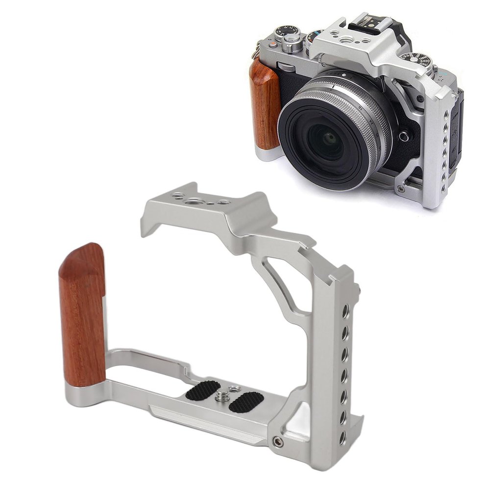 Camera Cage for ZFC, Aluminum Video Camera Rig with Wooden Handgrip, 1/4 Screw Hole, 3/8 Thread Hole, Cold Shoe Mount (Silver)