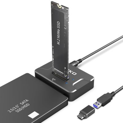 AOKO SATA NVMe SSD to USB Reader Adapter- Dual-Bay 2 in 1 Hard Drive Reader 10Gbps SSD Enclousure for NVMe + 2.5"/3.5" HDDs , Supports Simultaneous Read/Write, Includes 12V/3A Power Adapter
