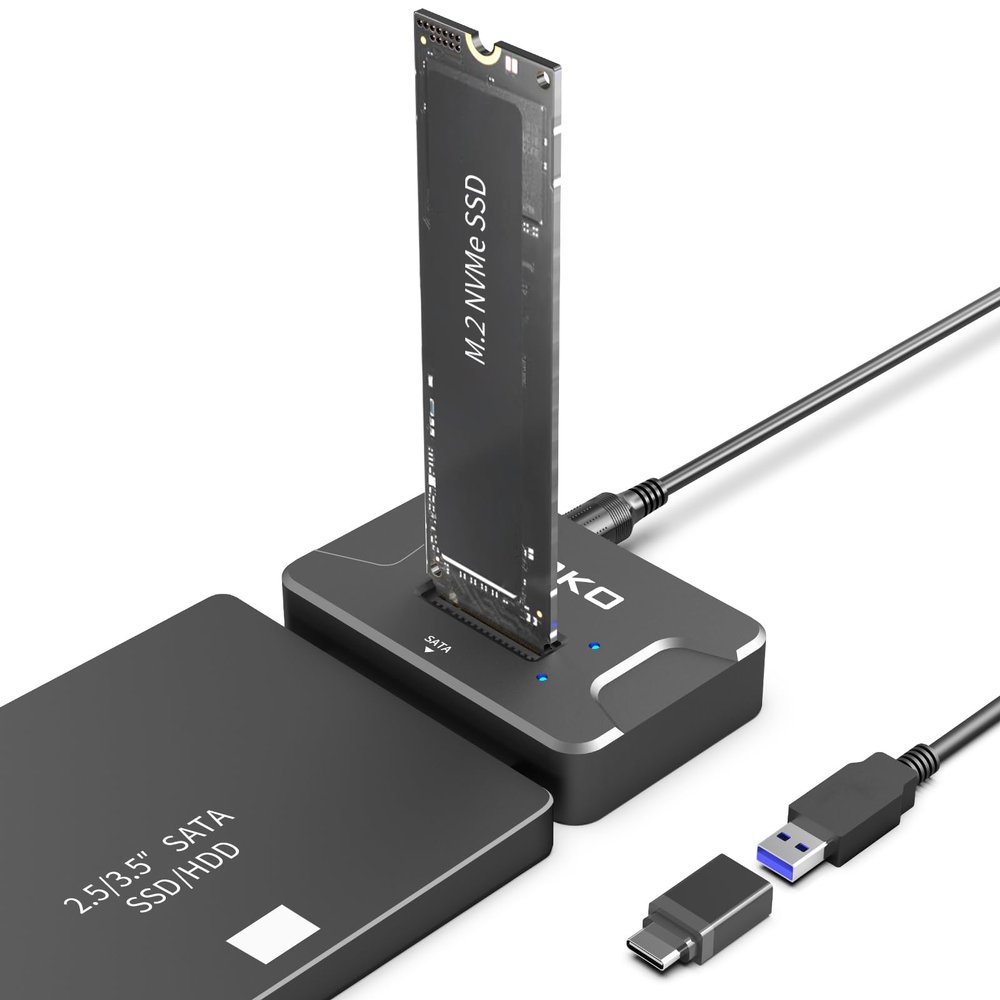 AOKO SATA NVMe SSD to USB Reader Adapter- Dual-Bay 2 in 1 Hard Drive Reader 10Gbps SSD Enclousure for NVMe + 2.5"/3.5" HDDs , Supports Simultaneous Read/Write, Includes 12V/3A Power Adapter