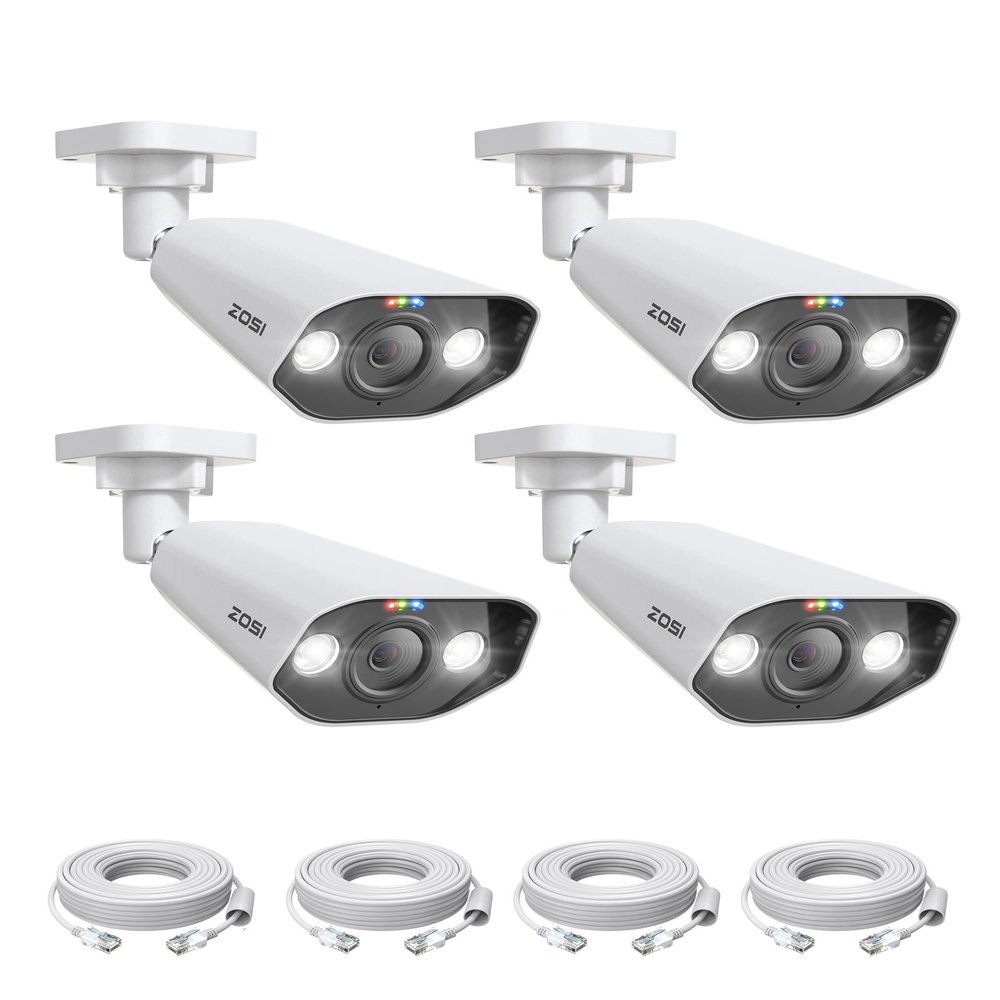 ZOSI 4PK 4K PoE Security Cameras with Ethernet Cables,Person Vehicle Detection,2 Way Audio,Night Vision,Smart Light&Sound Alerts,8MP Weatherproof Outdoor Add-on Camera Only Work 4K PoE NVR