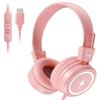 Kid Headphones for School, USB Type C Kids Headphone with LED Lights, Wired Boys Girls Headphones with Safe Limiter 85dB/94dB, Foldable On Ear Headphones with Microphones for Girls, Boys, iPad-Pink view 1