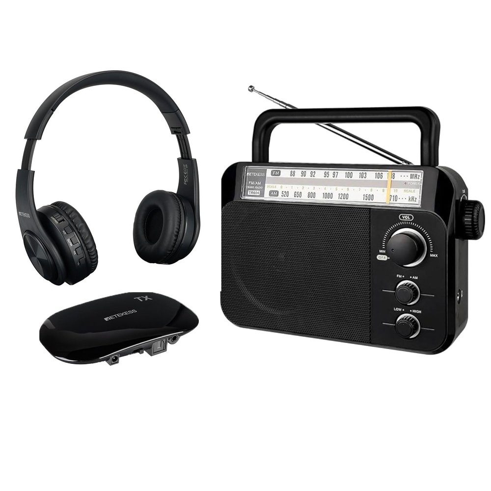 Retekess TR604 AM FM Radio Bundle with Retekess TA005 Wireless Headphones for TV Watching, Support A/B Channel, AUX, RCA and Optical Input, Ideal for Seniors