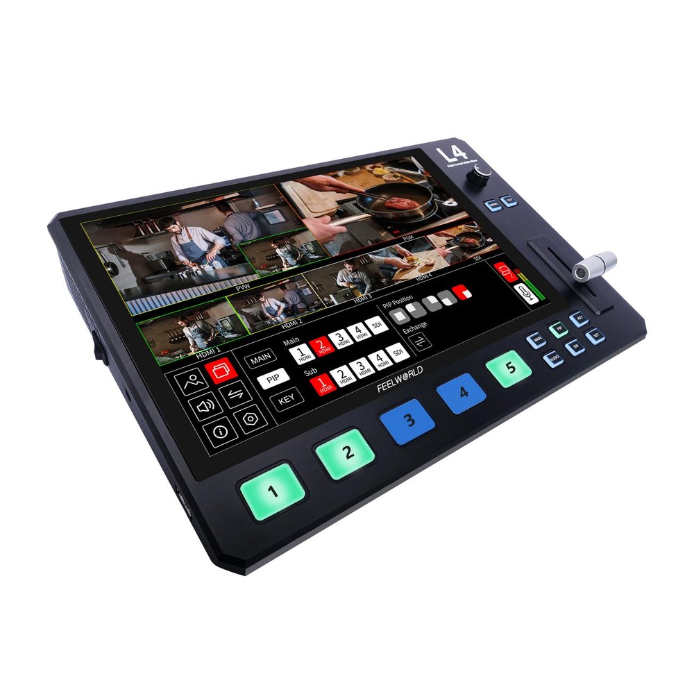 FEELWORLD L4 Video Mixer Switcher with 10.1" LCD Touch Screen, Multi-Camera USB3.0 Fast Live Streaming Broadcast 4 HDMI in 1 SDI in T bar Simply Swithing