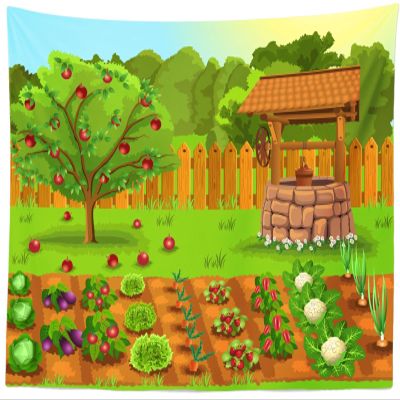 BELECO 6x4ft Fabric Fruits and Vegetables Garden Backdrop Cartoon Green Farmland Carrots Apples Agricultural Plants Harvest Background Farm Theme Party Decorations Kids Children Photoshoot Prop