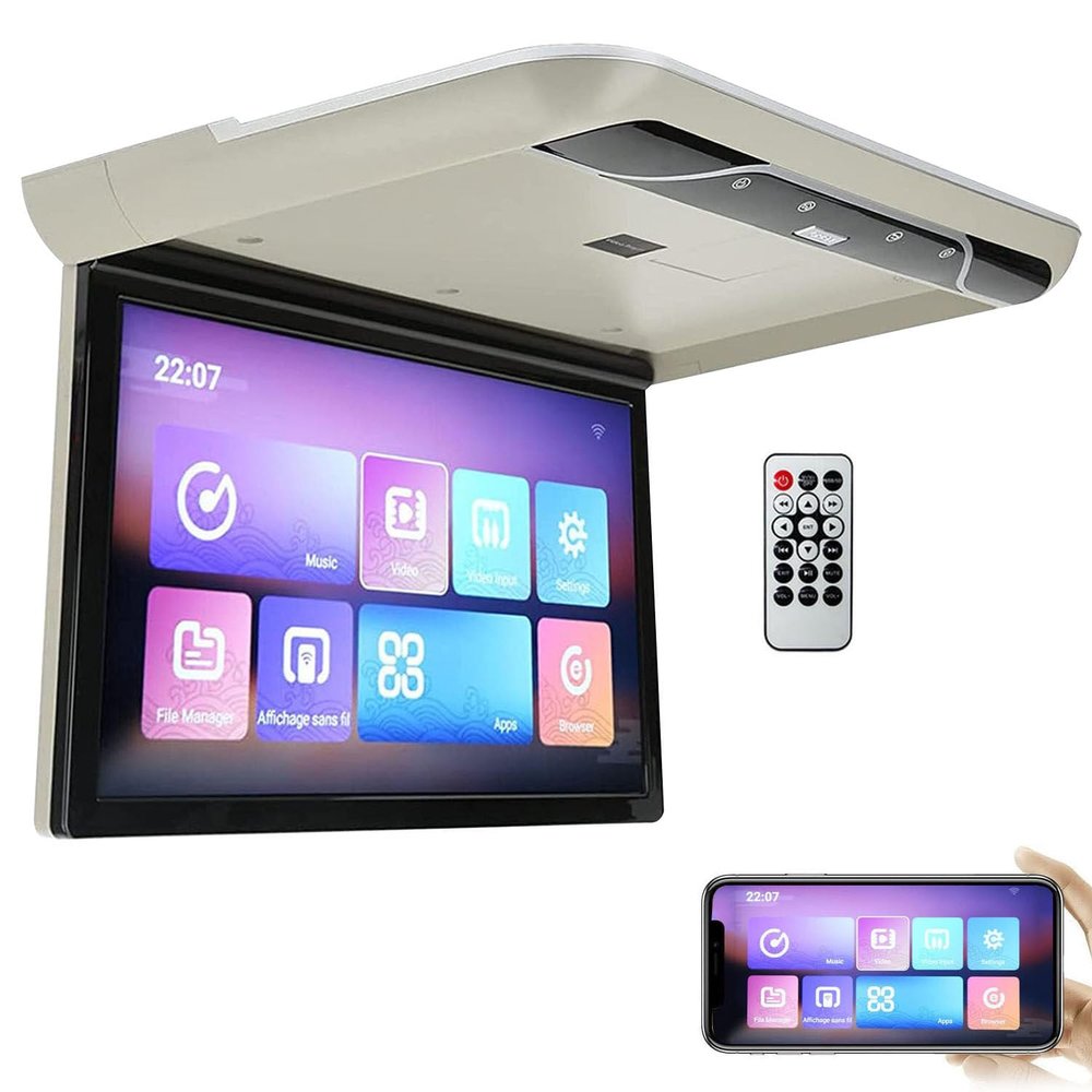 AUTUMFLATGAO Car Overhead Player, 19" Car Roof Mount Monitor, 180 Rotating Screen, Flip Down Overhead Car Monitor, Support FM, USB/SD, HDMI,Beige