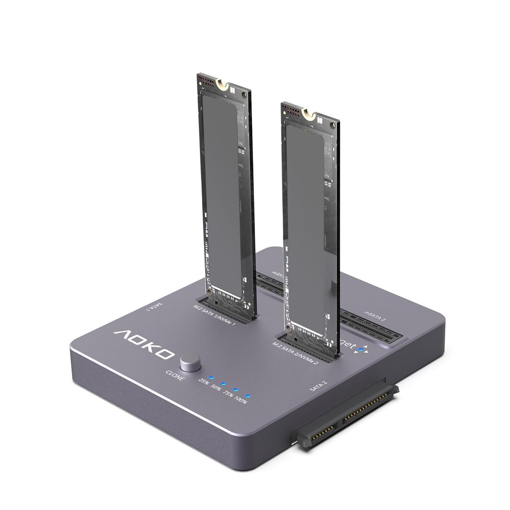 AOKO M.2 NVMe SSD Cloner, Dual-Bay 4-in-1 Hard Drive Docking Station,Hard Drive Reader/Cloner for M.2 PCIE NVME+mSATA & SATA 2.5"/3.5" HDD,Offline Cloning Without PC