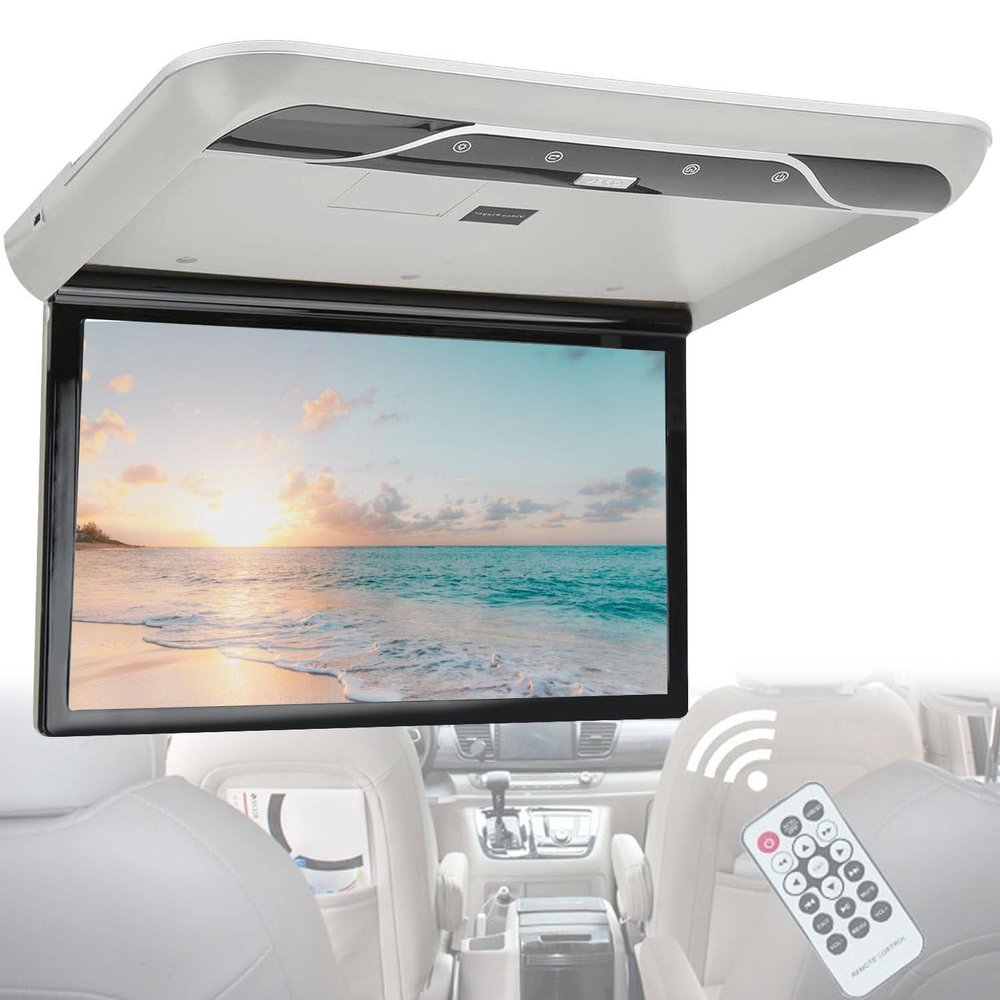 AUTUMFLATGAO 19" Car Overhead Player, Flip Down Car Monitor with Built-in Stereo Speakers, 1080p HD Digital Screen with Atmosphere Light, HDMI IR FM USB,Grey