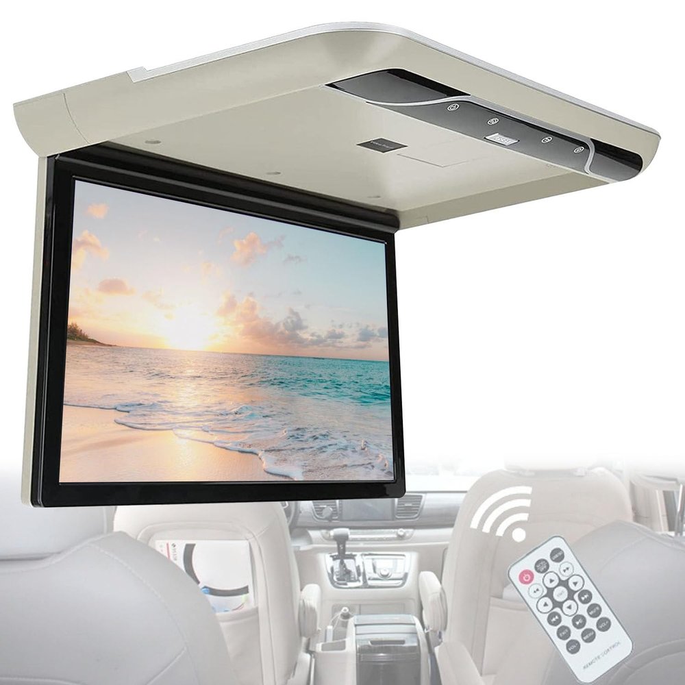 AUTUMFLATGAO 19" Car Overhead Player, Flip Down Car Monitor with Built-in Stereo Speakers, 1080p HD Digital Screen with Atmosphere Light, HDMI IR FM USB,Beige