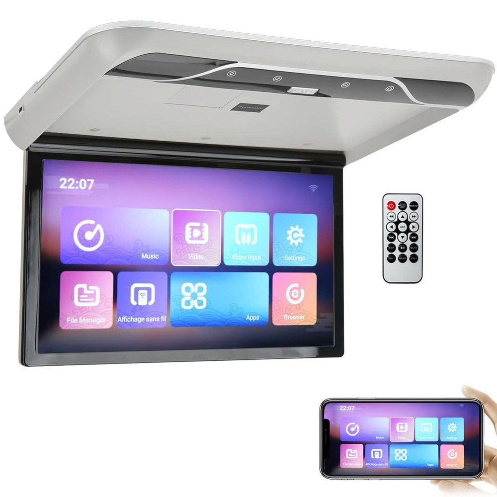 AUTUMFLATGAO Car Overhead Player, 19" Car Roof Mount Monitor, 180 Rotating Screen, Flip Down Overhead Car Monitor, Support FM, USB/SD, HDMI,Grey