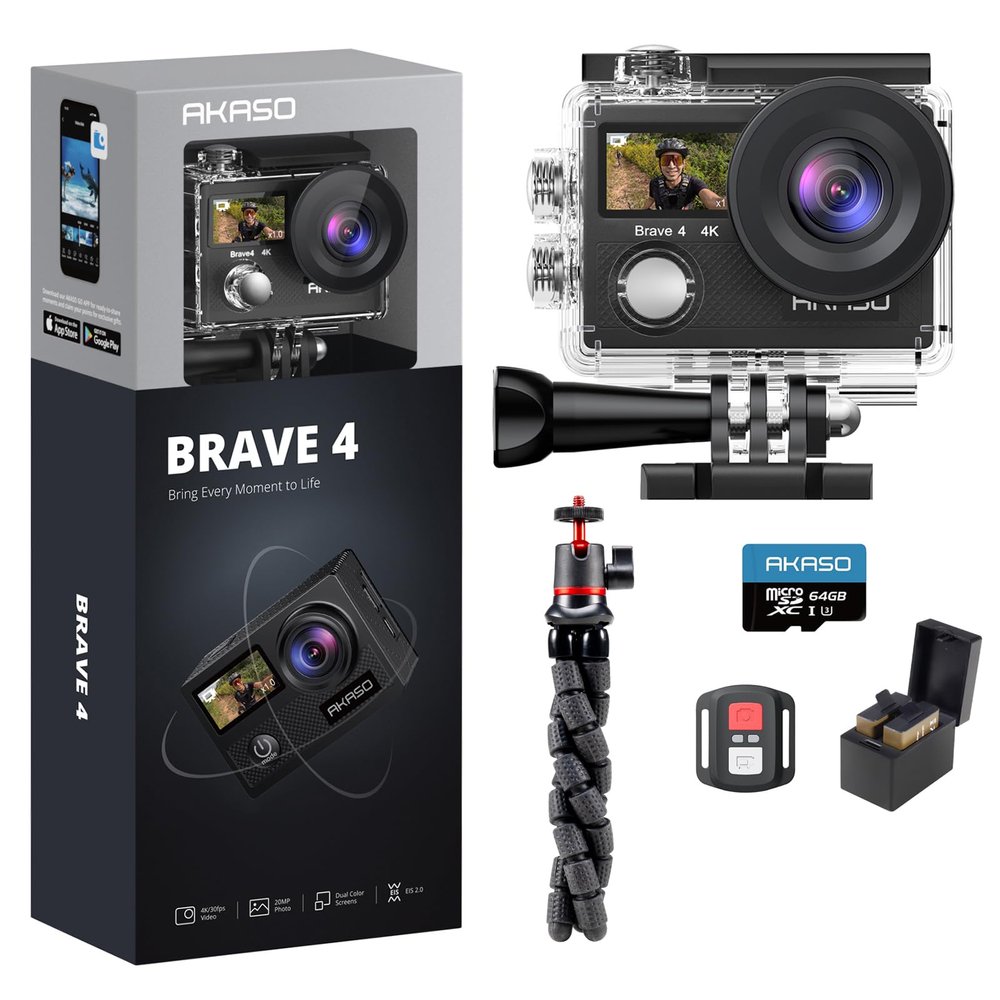 AKASO Brave 4 Action Camera with 64GB Card and Flexible Tripod Stand Bundle