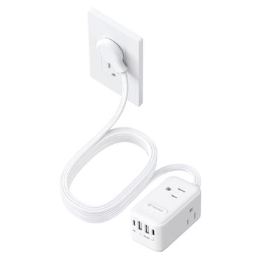 TROND 20W USB C Travel Power Strip - Ultra Thin Flat Plug, Small 10ft Long Extension Cord Wall Mount, 3 Side Outlet Extender for Nightstand, Dresser, Couch, TV, Cruise Essentials, White