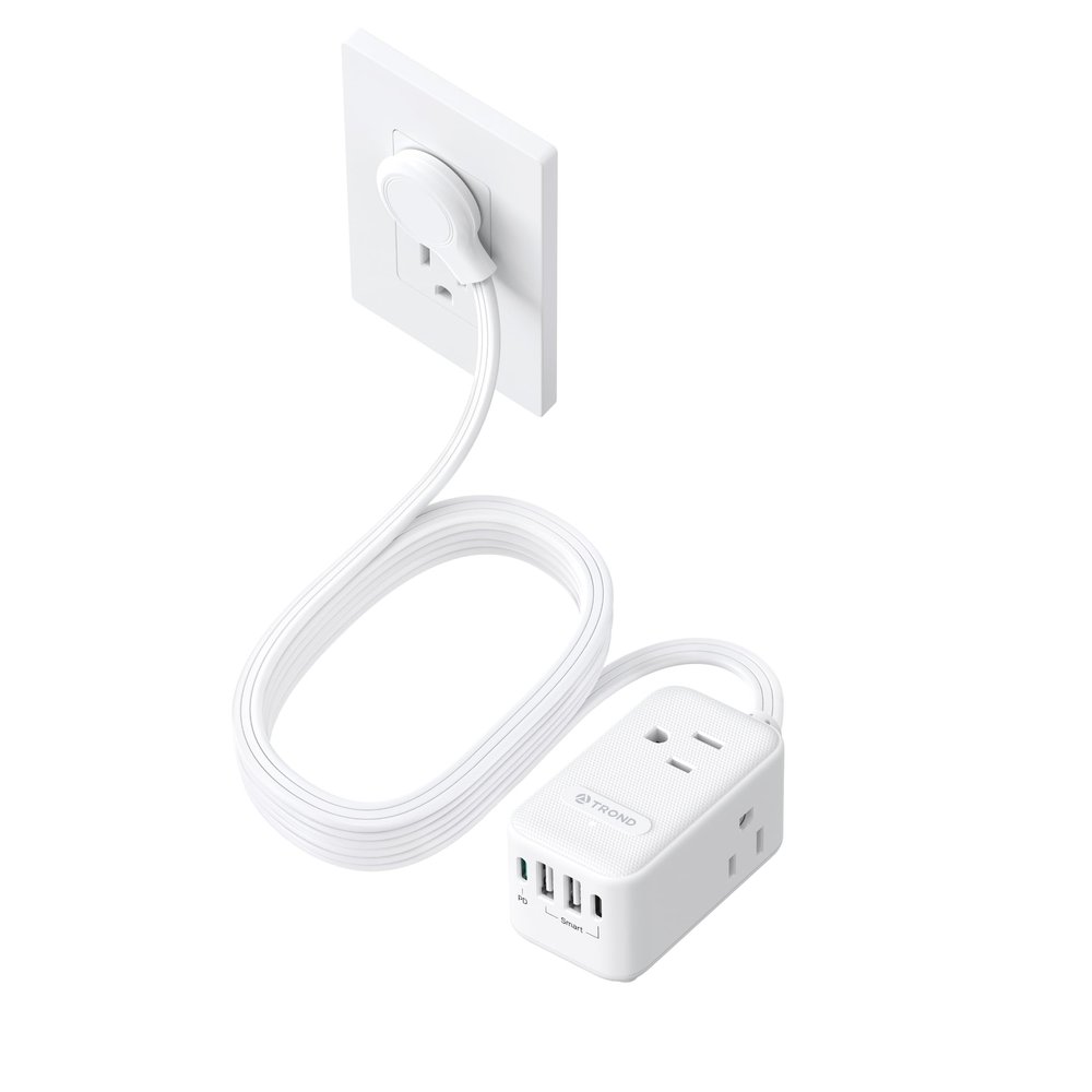 TROND 20W USB C Travel Power Strip - Ultra Thin Flat Plug, Small 10ft Long Extension Cord Wall Mount, 3 Side Outlet Extender for Nightstand, Dresser, Couch, TV, Cruise Essentials, White