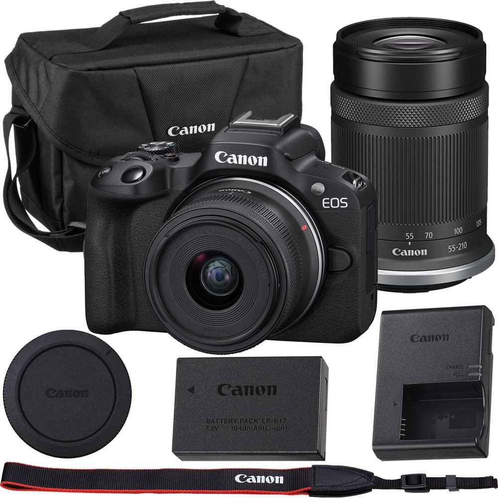 Canon EOS R50 Mirrorless Camera RF-S 18-45mm f/4.5-6.3 is STM and RF-S 55-210mm f/5-7.1 is STM Lens Kit Shoulder Bag, Black