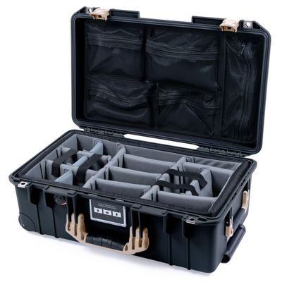Pelican Air 1535 Carry-on Case by ColorCase - Black - Medium Size Waterproof Case with Gray Padded Microfiber Dividers & Mesh Lid Organizer - Desert Tan Handles & Latches