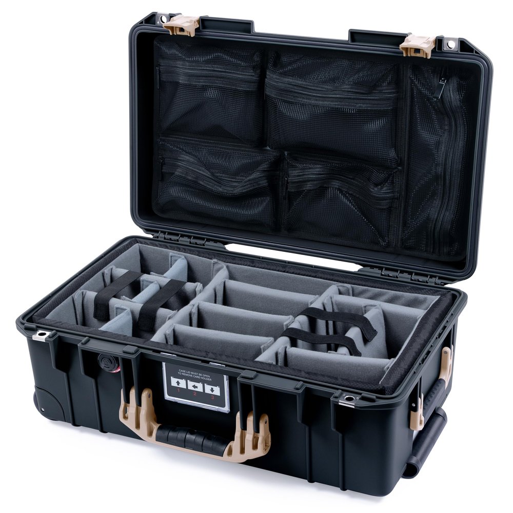 Pelican Air 1535 Carry-on Case by ColorCase - Black - Medium Size Waterproof Case with Gray Padded Microfiber Dividers & Mesh Lid Organizer - Desert Tan Handles & Latches