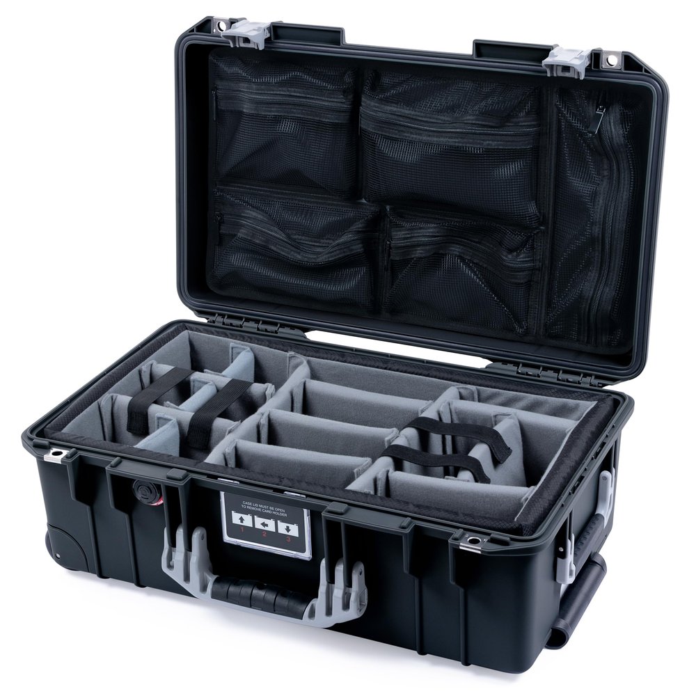 Black Pelican Air 1535 Carry-on Case - With Grey Padded Dividers & Mesh Lid Organizer - Silver Handles & Latches.