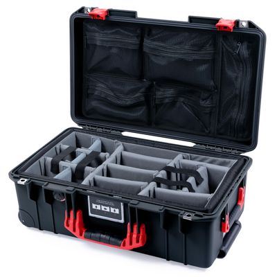 Pelican Air 1535 Carry-on Case by ColorCase - Black - Medium Size Waterproof Case with Gray Padded Microfiber Dividers & Mesh Lid Organizer - Red Handles & Latches