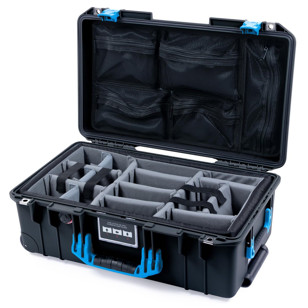 Black Pelican Air 1535 Carry-on Case - With Grey Padded Dividers & Mesh Lid Organizer - Blue Handles & Latches.