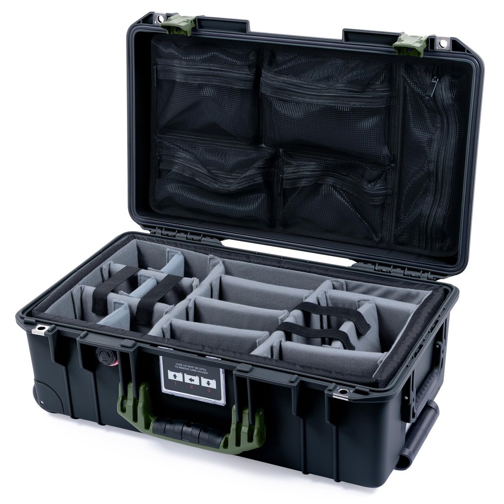 ColorCase Pelican Air 1535 Carry-on Case Black - Medium Size Waterproof Case with Gray Padded Microfiber Dividers & Mesh Lid Organizer - OD Green Handles & Latches