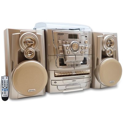 Jensen Bluetooth 3-Speed Turntable CD Player Home Stereo System with Turntable 3 CD Changer Music System, Dual Cassette Deck, Stereo Record Player with Remote Control, Gold