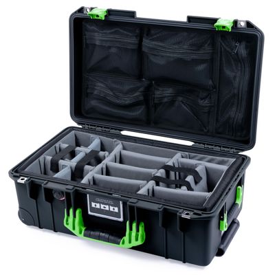 Pelican Air 1535 Carry-on Case by ColorCase - Black - Medium Size Waterproof Case with Gray Padded Microfiber Dividers & Mesh Lid Organizer - Lime Green Handles & Latches