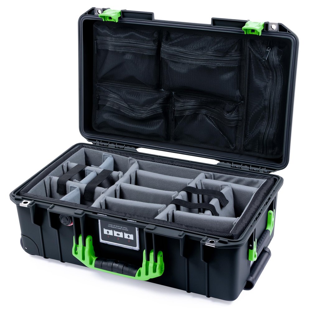 Pelican Air 1535 Carry-on Case by ColorCase - Black - Medium Size Waterproof Case with Gray Padded Microfiber Dividers & Mesh Lid Organizer - Lime Green Handles & Latches