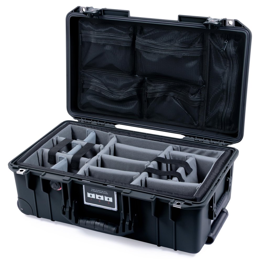Pelican Air 1535 Carry-on Case by ColorCase - Black - Medium Size Waterproof Case with Gray Padded Microfiber Dividers & Mesh Lid Organizer - Black Handles & TSA Locking Latches