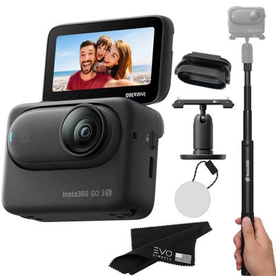 Insta360 GO 3S 128GB Waterproof Tiny Mighty Action Camera with 4K 3840x2160 Video & 4000x3000 Photo, FlowState Stabilization, AI Editing, Action Pod| (128GB Black+Selfie Stick)