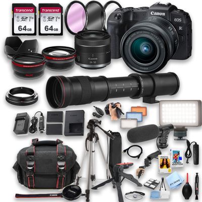Canon EOS RP Mirrorless Digital Camera 24-50mm STM Lens + 420-800mm Super Telephoto Lens + 128GB Memory, LED Light, Microphone, Spare Battery, Filters, Case, Tripod, and More (43pc Bundle) (Renewed)