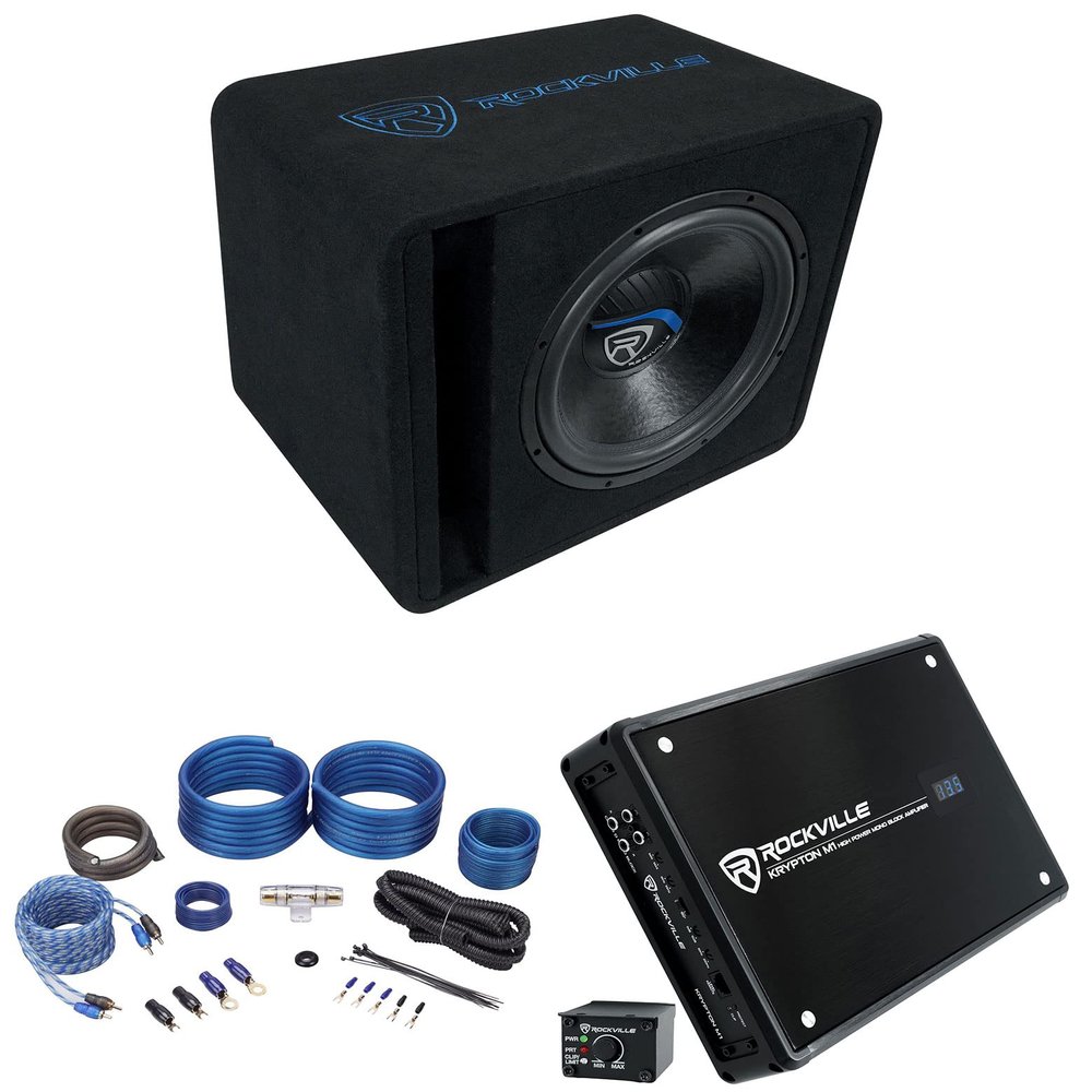 Rockville VS15K51 Bundle: 15 in 2000-Watt Car Subwoofer in Vented Enclosure 1-Ohm, Krypton-M1 2000-Watt Mono Car Amplifier with Wired Level Control, RWK41 4-Gauge Complete Amp Wiring Kit, 3-Items