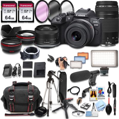 Canon EOS R10 Mirrorless Camera18-45mm and 75-300mm Lenses + 128GB Memory, LED Light, Microphone, Spare Battery, Filters,Case, Tripod, Flash, and More (44pc Bundle) (Renewed), Black