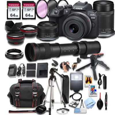 Canon EOS R10 Mirrorless Camera18-45mm and 55-210mm Lenses + 420-800mm Super Telephoto Lens + 128GB Memory, Spare Battery, Filters,Case, Tripod, Flash, and More (43pc Bundle) (Renewed), Black