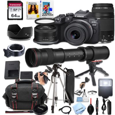 Canon EOS R10 Mirrorless Camera18-45mm and 75-300mm Lenses + 420-800mm Super Telephoto Lens + 64GB Memory, Filter,Case, Tripod, Flash, and More (33pc Bundle), Black (Renewed)