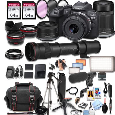 Canon EOS R10 Mirrorless Camera18-45mm and 55-210mm Lenses + 420-800mm Super Telephoto Lens + 128GB Memory, LED Light, Microphone, Spare Battery, Case, Tripod, Flash, (44pc Bundle) (Renewed)
