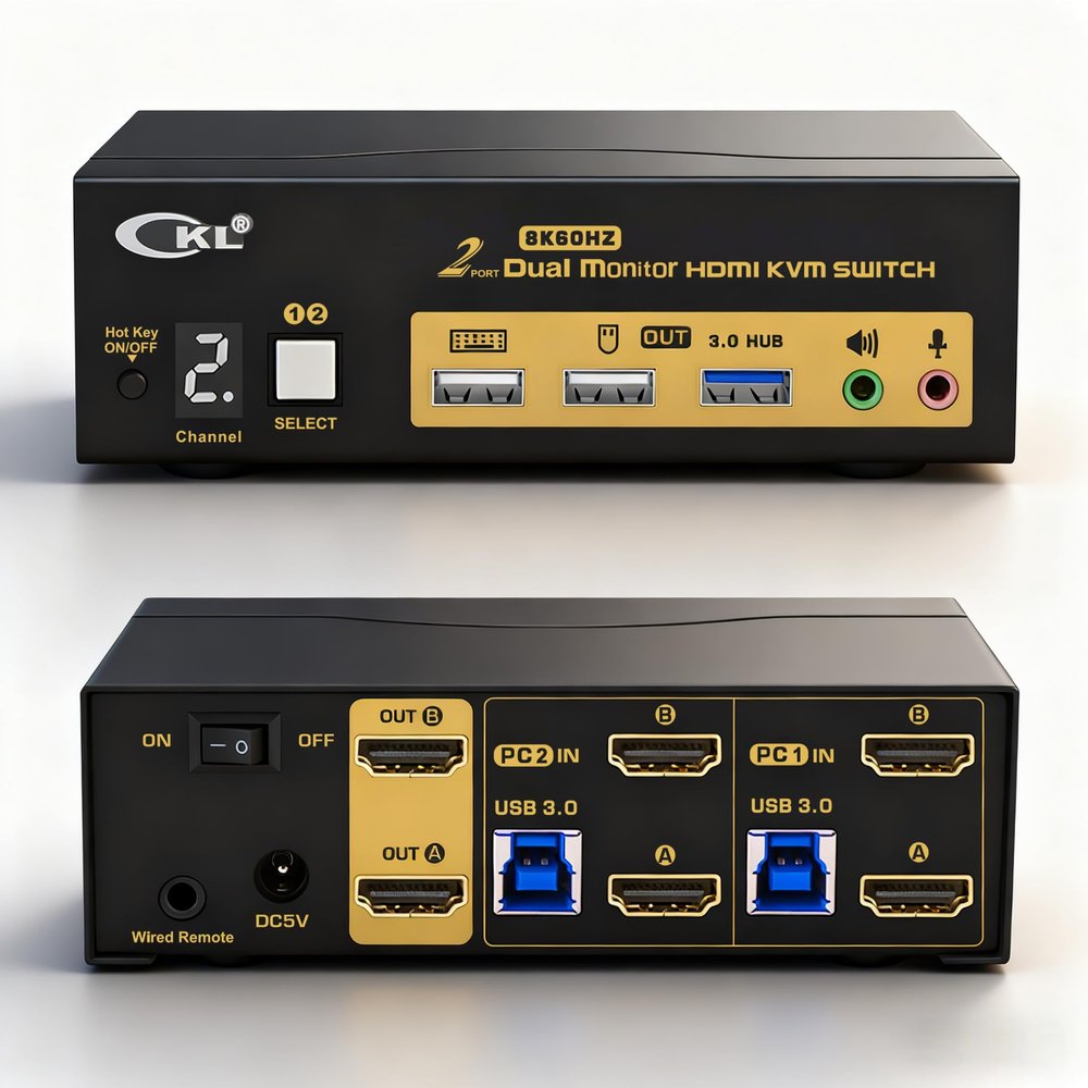 CKL 8K HDMI 2.1 KVM Switch (2 Computers 2 Monitors with EDID)