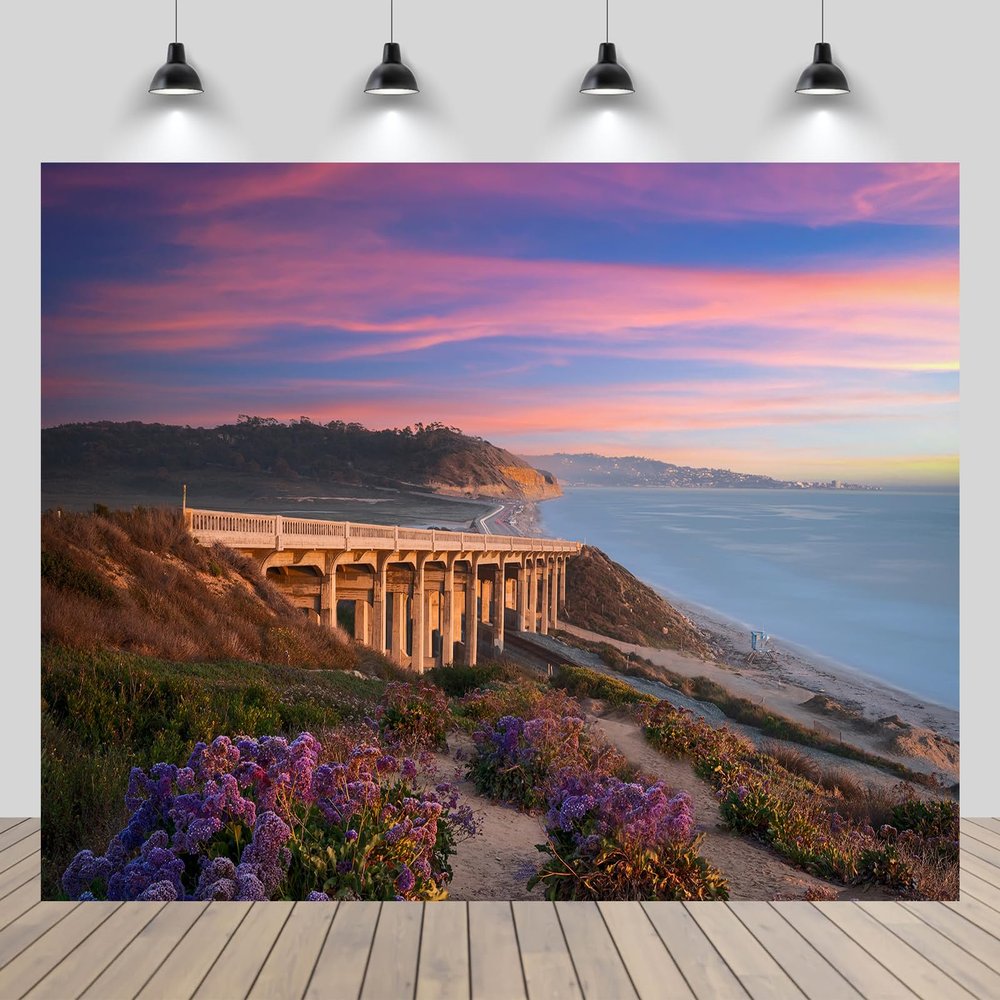 chnywork 5x4ft California Scenery Backdrop San Diego Seaside Highway Beach Mountain Sunset Landscape Background United States Travel Theme Party Decor Photo Studio Booth Props Wallpaper