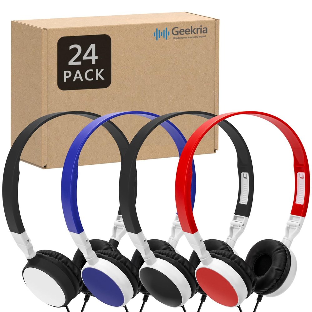 GEEKRIA 24 Pack Wired Headphones for Classroom Adjustable On-Ear Headphones, Kids Bulk Headphones for Classroom School, Children On-Ear Headset for Schools, Student, Libraries, Computer Lab