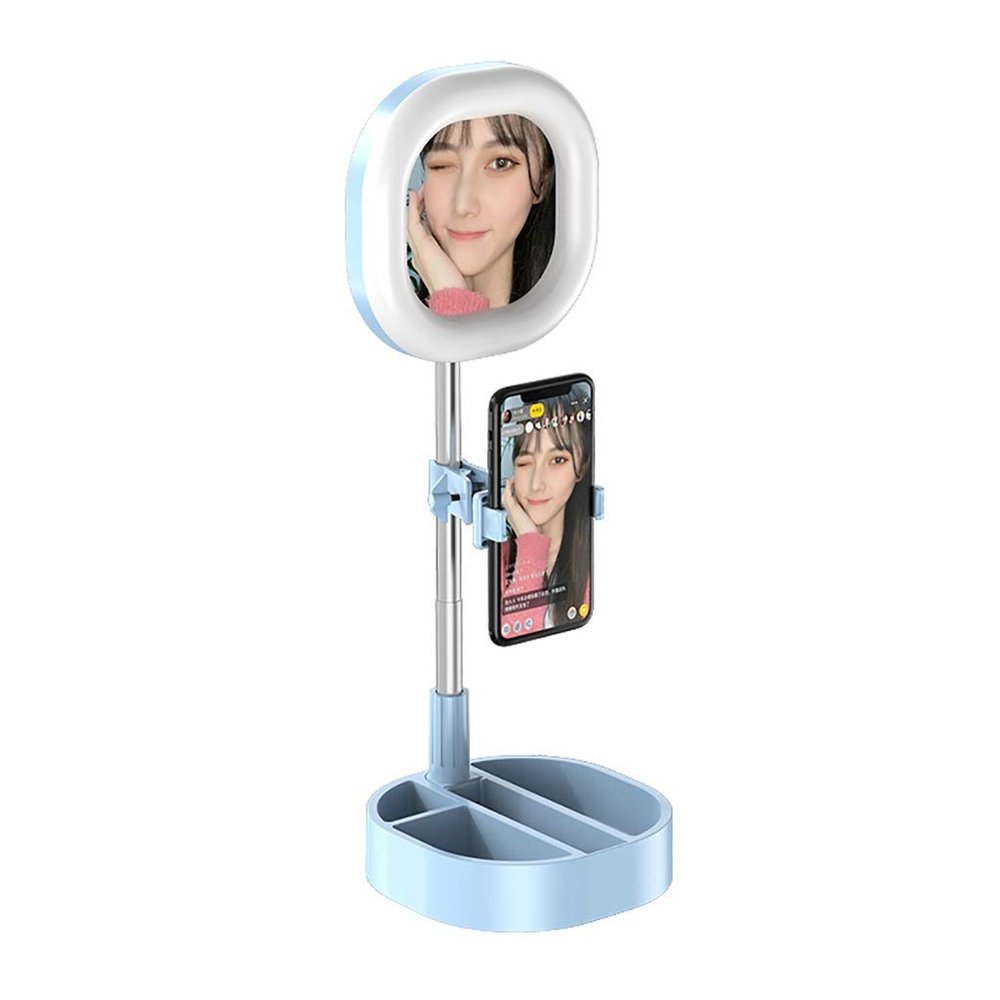 Ringlight Flashes Selfie Light with Makeup Mirror Phone Holder 3 Color Modes 11 Brightness Telescopic Stand Compatible with Desk Makeup YouTube Makeup Ring Light (Color : Black) (Blue)