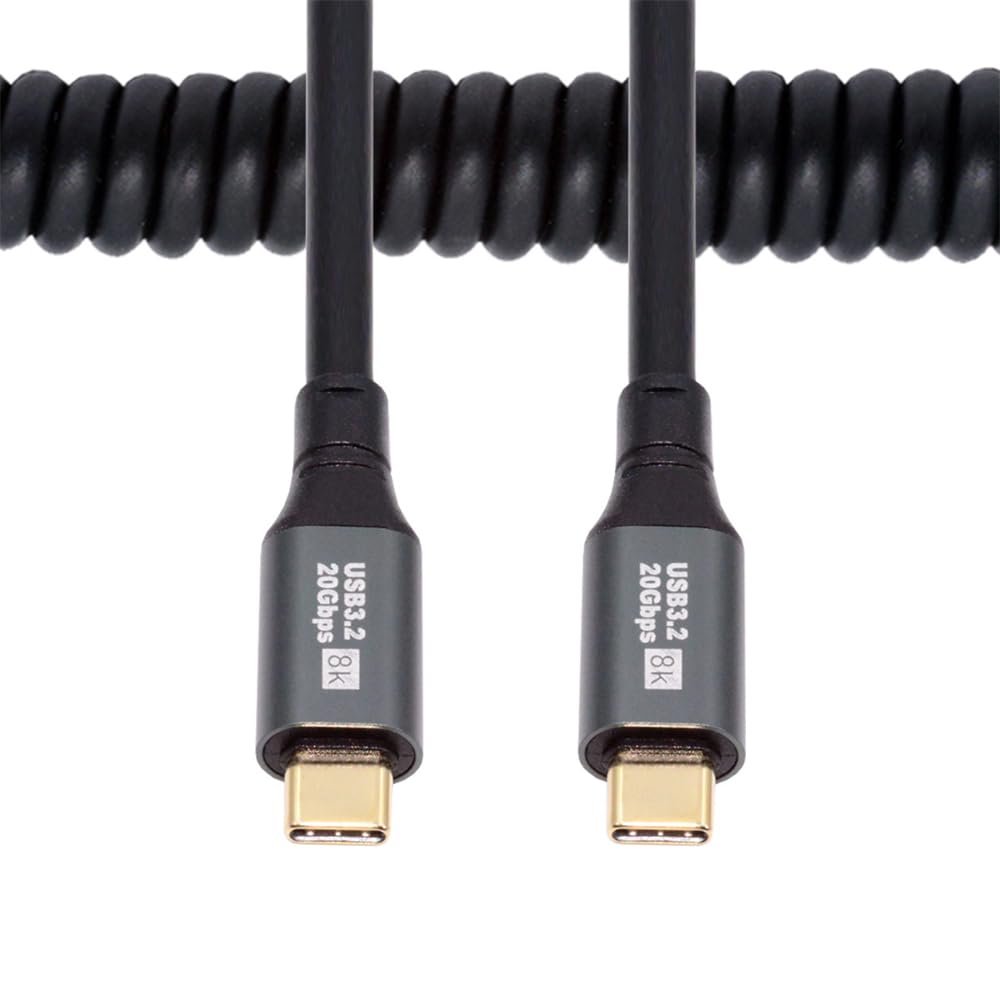 NFHK Stretch Coiled USB-C USB4 Cable 20Gbps 100W 8K for Laptop Keyboard Tablet Type-C Male to Male Cable Power & Data 150cm