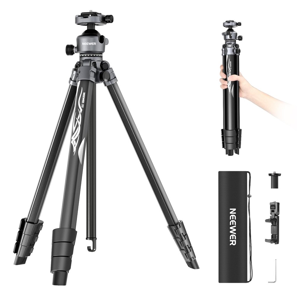 NEEWER LITETRIP LT07 61" Aluminum Travel Tripod for Camera w Pan Tilt Low Profile Ball Head, Arca QR Plate Compatible with PD Tripod Plate, Dual Center Axis, Phone Holder, Max Load 22lb