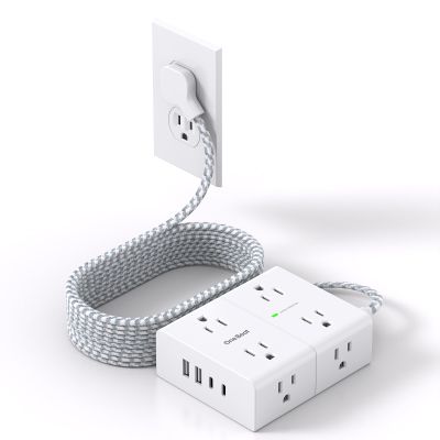 10Ft Extension Cord with Multiple Outlets, Flat Plug Power Strip Surge Protector 10 Ft Long Cord, 8 Outlet 4 USB Ports (2 USB C), Multi Outlet Wall Plug for Office, College, Dorm Room Essentials